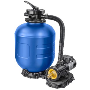 BWT Sandfilteranlage Premium für Rundpool-Set, blaue Filteranlage mit Pumpe und Zubehör.