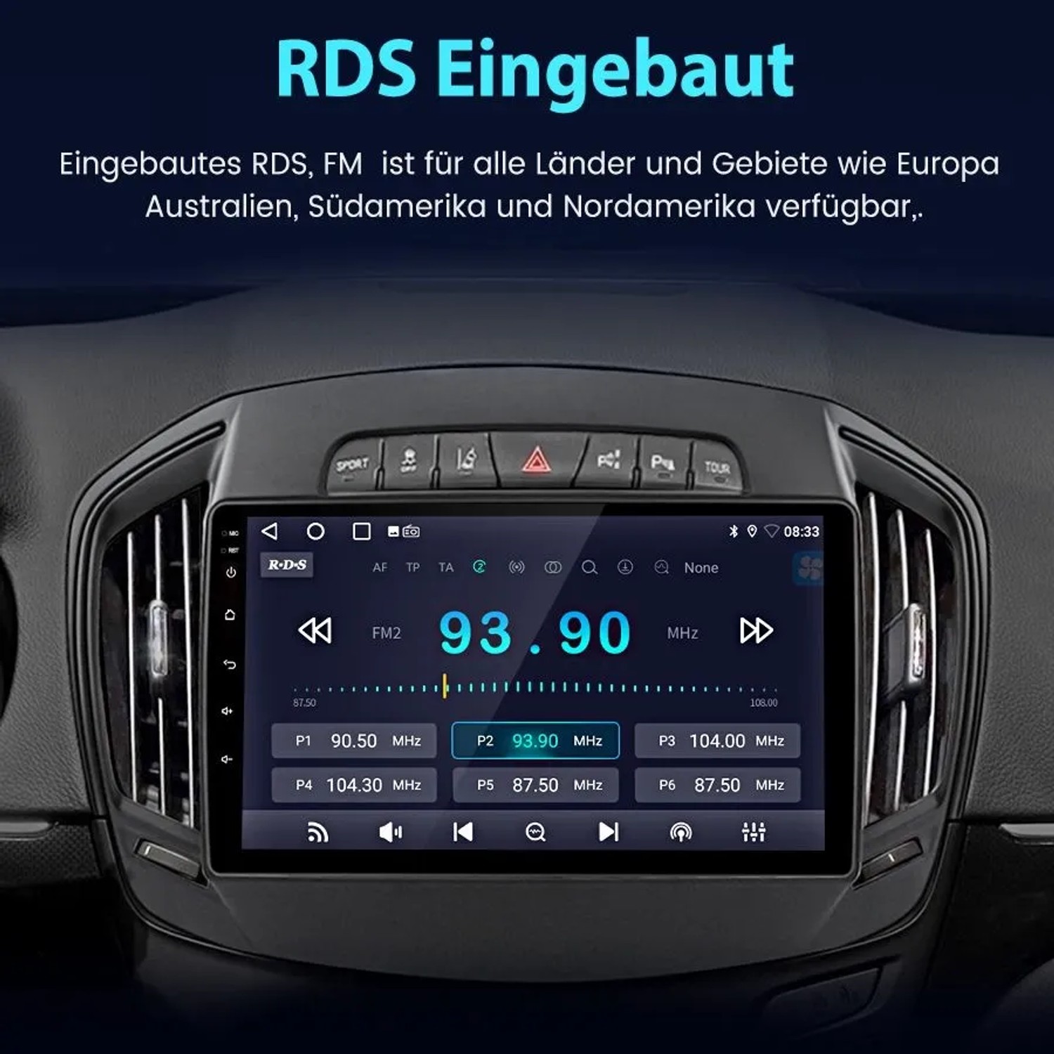 Junsun 9 Zoll Autoradio für Opel Insignia im Armaturenbrett, zeigt FM-Radio mit RDS-Funktion.