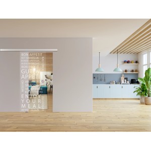Novadoors Glasschiebetür Nova 625-1 mit Aufschrift "Guten Appetit" für den Küchenbereich.