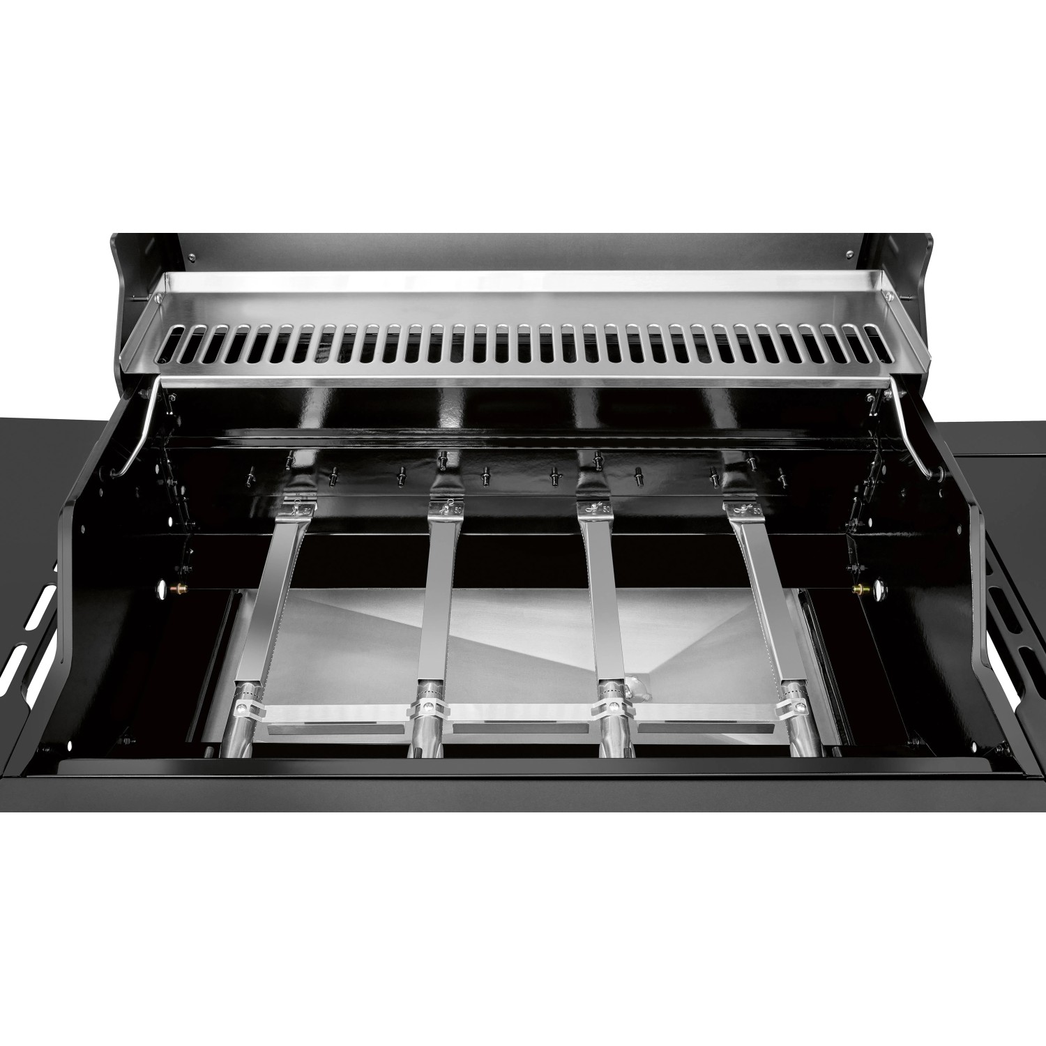 Innenansicht Jamestown Knox II Gasgrill mit Edelstahlbrennern und Warmhalterost.