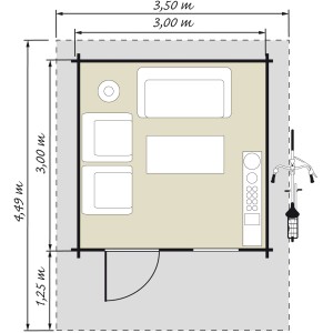 Grundriss Kiehn-Holz Gartenhaus KH 28-028 Unberührt, 300x300 cm, mit Maßen und Einrichtungsskizze.