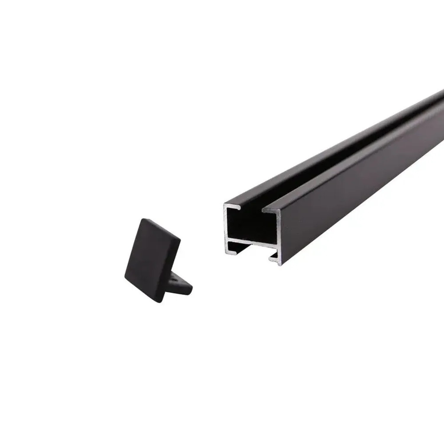 Schwarze Deco-Raum 1-Lauf Gardinenschiene Square mit Endkappe. Robuste Vorhangschiene für Deckenmontage.