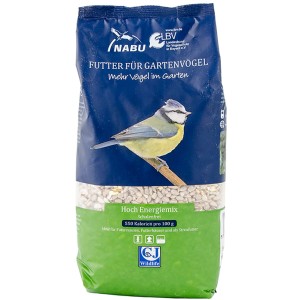 Vogelfutter Hoch Energiemix, schalenfrei, 1kg Packung für Wildvögel im Garten.
