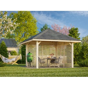 Palmako Pavillon Bianca Set, 300x300 cm, weiß lackiert, mit Sichtschutzwänden und Grill. Weekendhaus für den Garten.