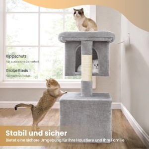Heller, grauer Feandrea Kratzbaum (101 cm) mit Katzen auf Plattform und in Höhle.
