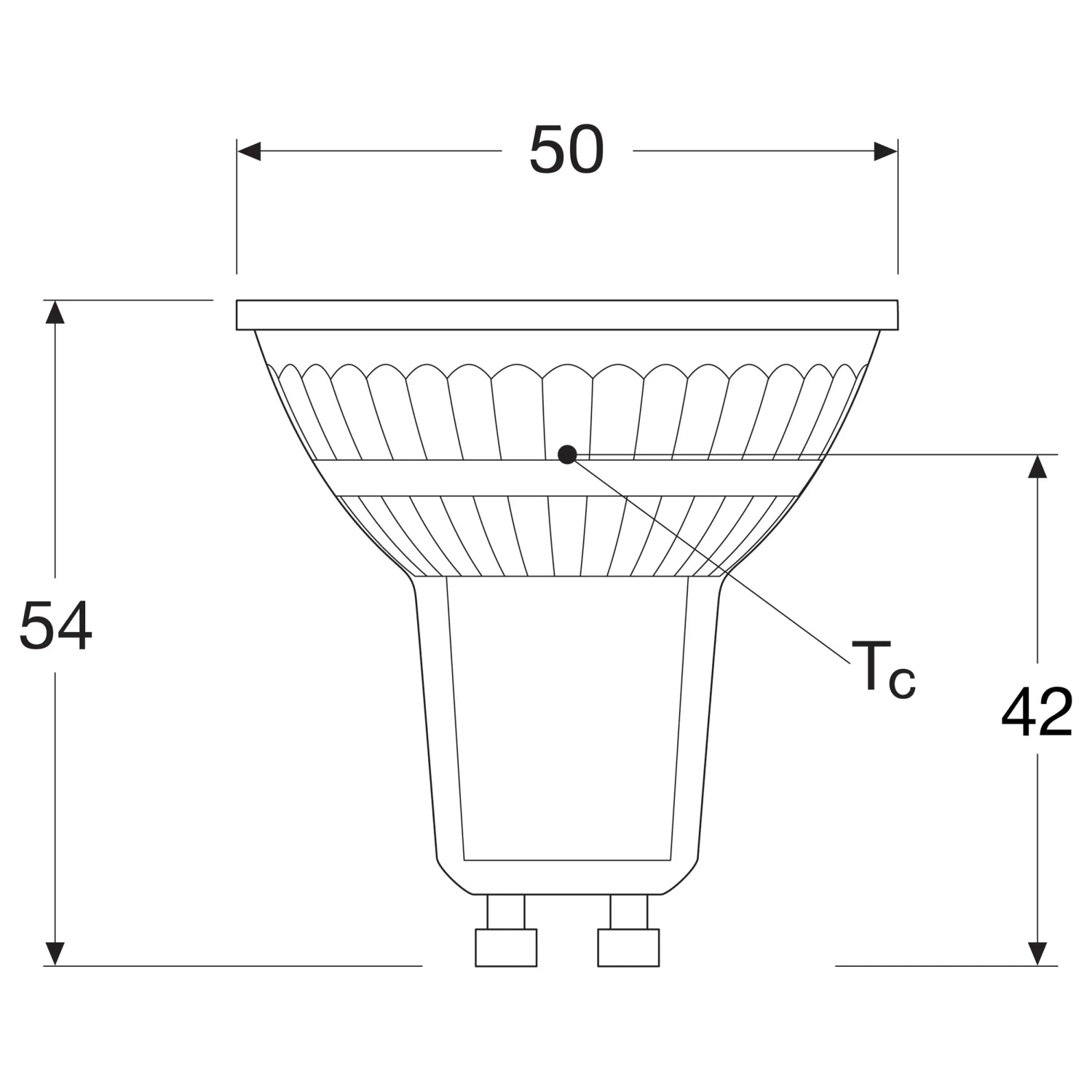 Technische Zeichnung Osram GU10 LED Leuchtmittel, Maße: 5,2 x 5 cm (H x Ø).