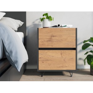 Posseik Nachttisch Industrial A mit 2 Schubladen, 50 cm breit, Grafit/Eiche Optik.