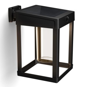 Eckige, schwarze Philips Solar-Wandleuchte Camill mit Glaszylinder und Solarpanel.