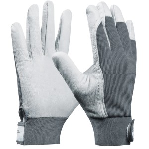 Gebol Arbeitshandschuhe Uni Fit Comfort Gr. 9, grau-weiß, aus Ziegenleder mit Spandex Handrücken.