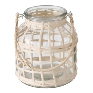 Windlicht Bahia von Boltze, Ø 15 cm, aus Glas mit Bambus-Ummantelung und Tragegriff.