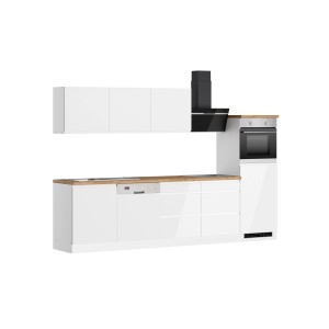 Moderne Küchenzeile Gera 300 cm in Weiß/Wotan mit E-Geräten wie Herd, Ofen und Geschirrspüler.