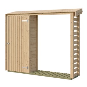 GH Killarney RH 250 Nat, Holz-Gartenhaus mit abschließbarer Tür und offenem Brennholzregal.