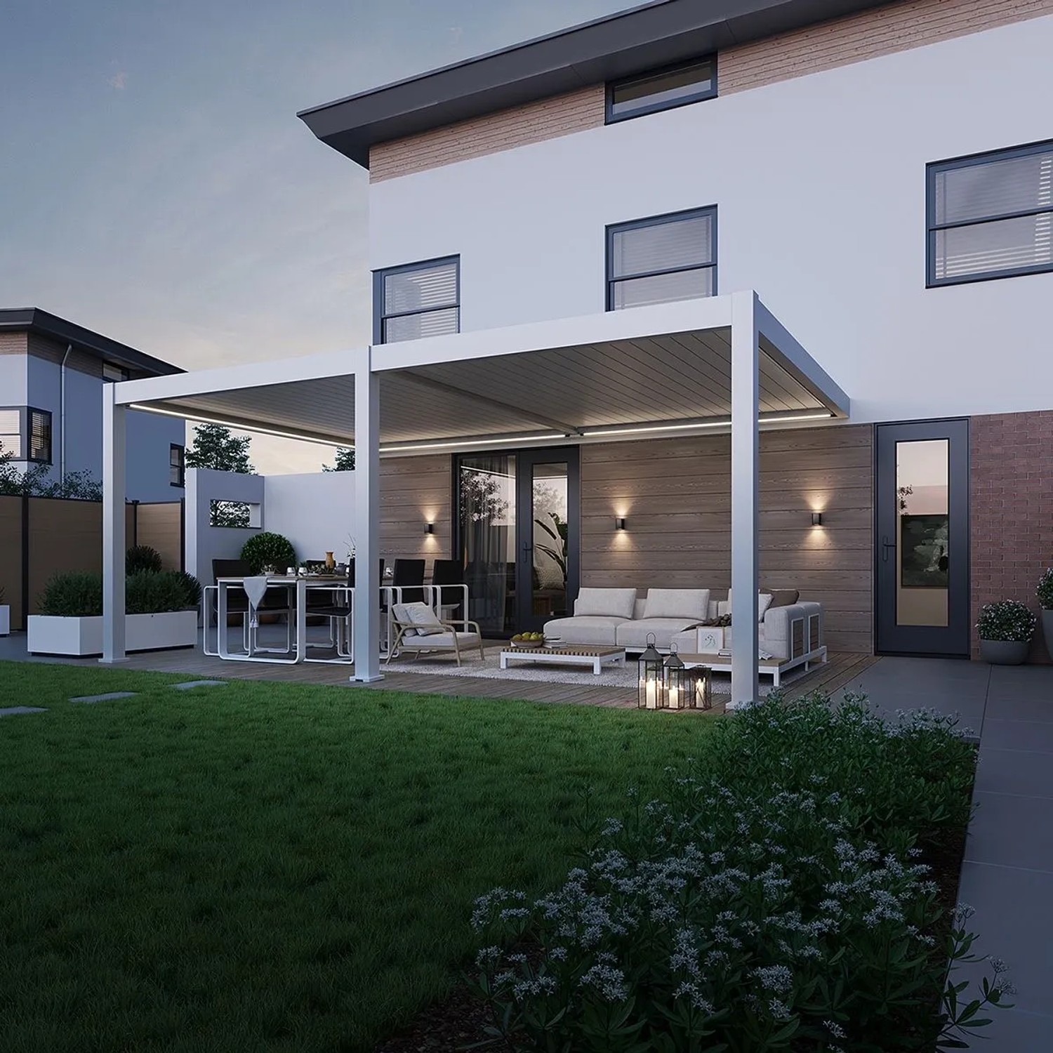 Weide E-Deluxe Plus | elektrische Wand Pergola mit LED | Voll Aluminium | 4 x 6 M | motorisiertes Lamellendach weiß_4