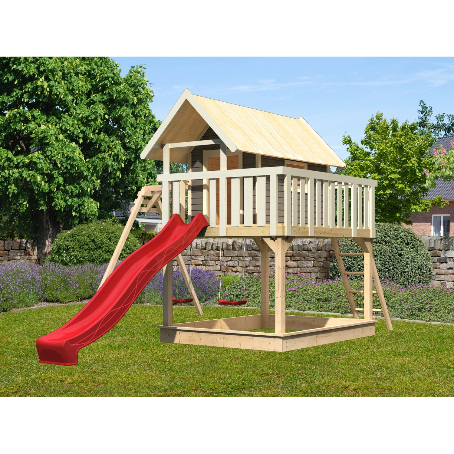 Karibu Stelzenhaus Fidel terragrau mit roter Rutsche und Doppelschaukel im Garten.