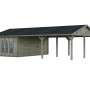 Palmako Gartenhaus Irene, grau, mit überdachtem Anbau. Holz-Gartenhaus mit Doppeltür und Fenster.