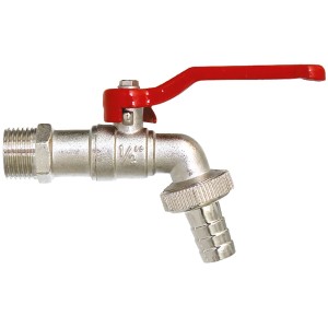 Vernickeltes Kugelauslaufventil 13 mm (1/2) mit rotem Hebel und Schlauchverschraubung.