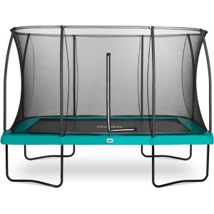 Rechteckiges, grünes Salta Comfort Edition Gartentrampolin mit Sicherheitsnetz.