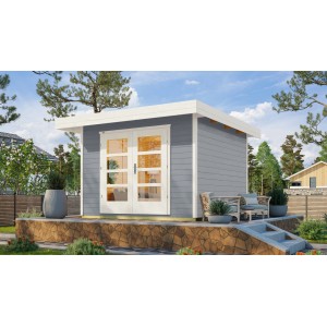 Graues Weka Holz-Gartenhaus mit Flachdach und Doppeltür. Lasiertes Gartenhaus mit 28 mm Wandstärke.