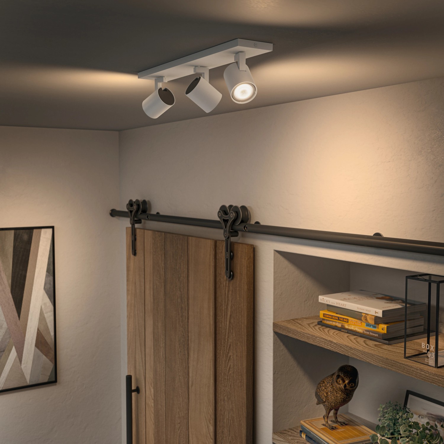 Weißer Philips Hue LED Spot Runner, 3-flammig, an der Decke montiert und leuchtend.