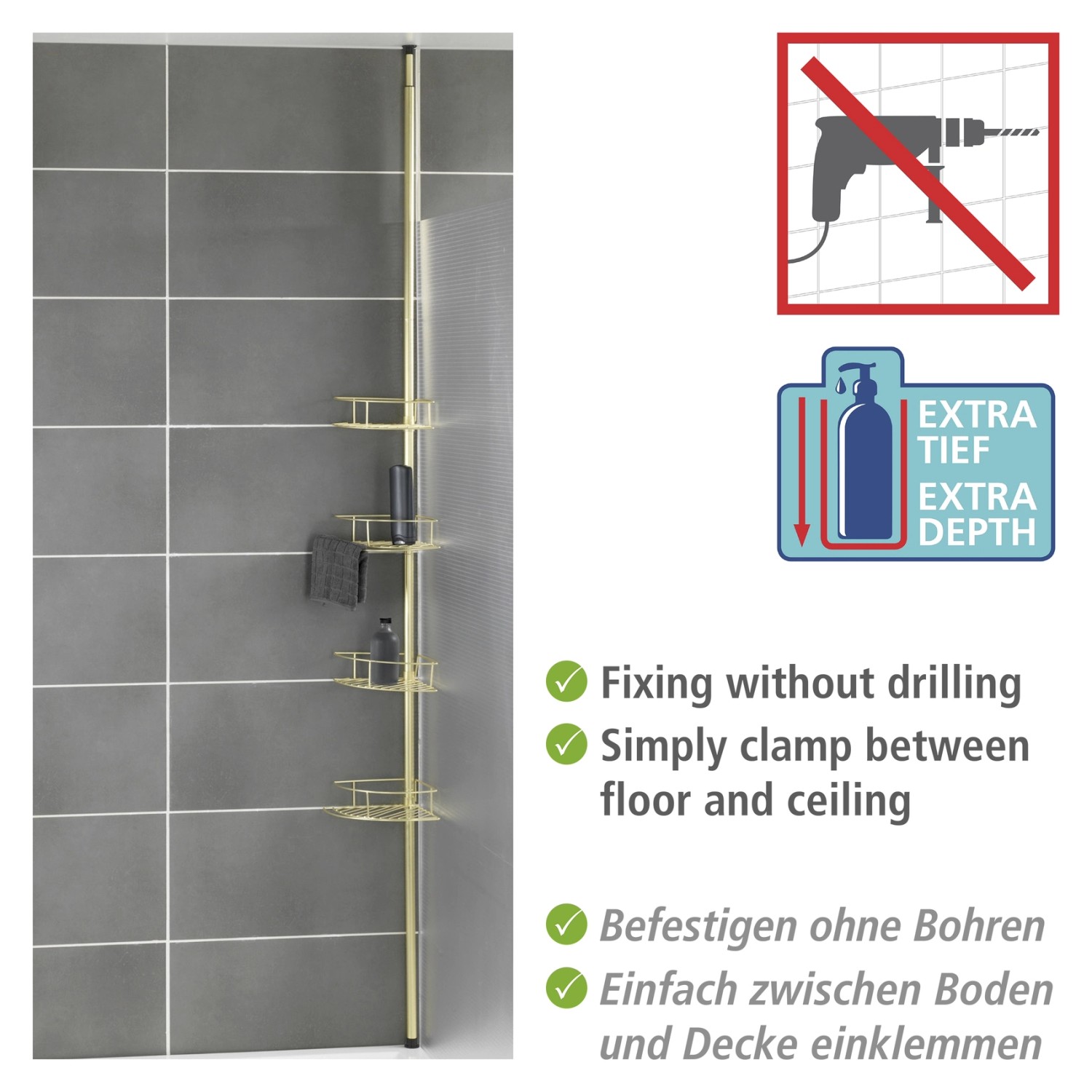 Wenko Teleskop-Eckregal Dolcedo, Badregal in Gold matt mit 4 Ablagekörben für Dusche und Badewanne.