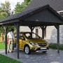 Schiefergrauer Satteldach-Carport Wallgau 430x500 cm mit Dachlattung und gelbem Auto.