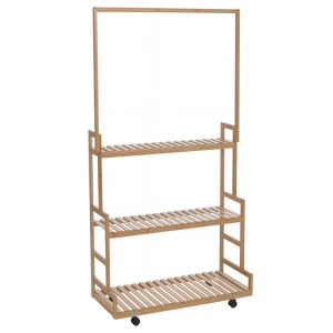 MCW Bambus Pflanzenregal mit 3 Ablagen, Stange und Rollen, 175x93x38cm.