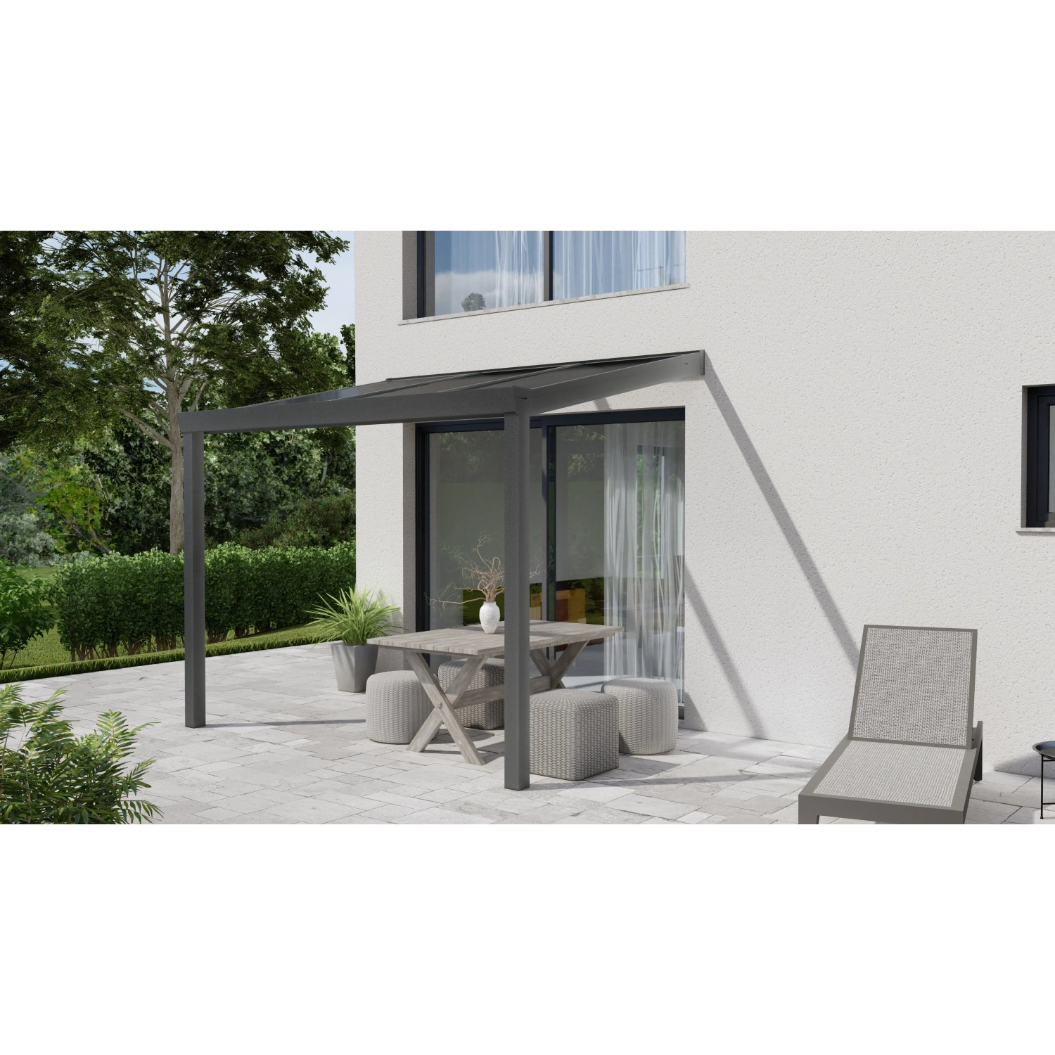 Anthrazitfarbene Terrassenüberdachung Professional, 300x300 cm, mit klarer Polycarbonat-Platte.