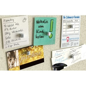 4er-Set Fischer Magnetkrallen zum Anbringen von Notizen und Fotos an weichen Oberflächen.