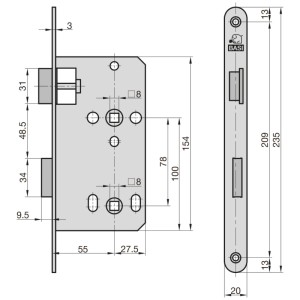 Skizze: BASI Zimmertürschloss ES 929 BAD DIN Links, Maße und Details für Montage und Einbau.