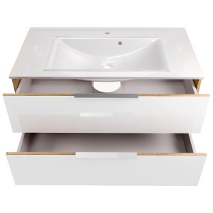 Fackelmann Waschplatz-Set B.Brillant, 100 cm, Asteiche/Glas Weiß mit zwei Schubladen.