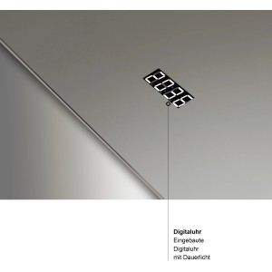 Detailaufnahme: Integrierte Digitaluhr im DSK Design LED-Lichtspiegel Silver Time.