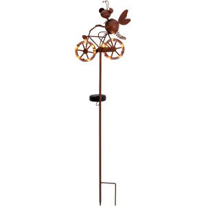 Brauner LED Solar Erdspieß mit Schmetterling auf Fahrrad, 88cm, für Garten-Deko.