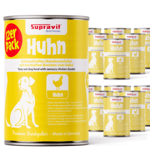 Supravit Hundenassfutter Huhn, 12er Pack. Gelbe Dosen mit Hundemotiv und Hühner-Symbol.