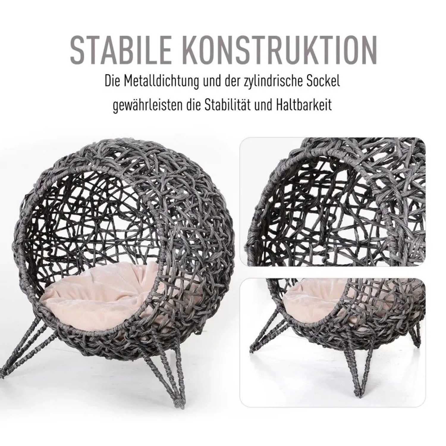 Graues PawHut Katzenhaus aus geflochtenem Rattan mit beigem Kissen und erhöhten Füßen.