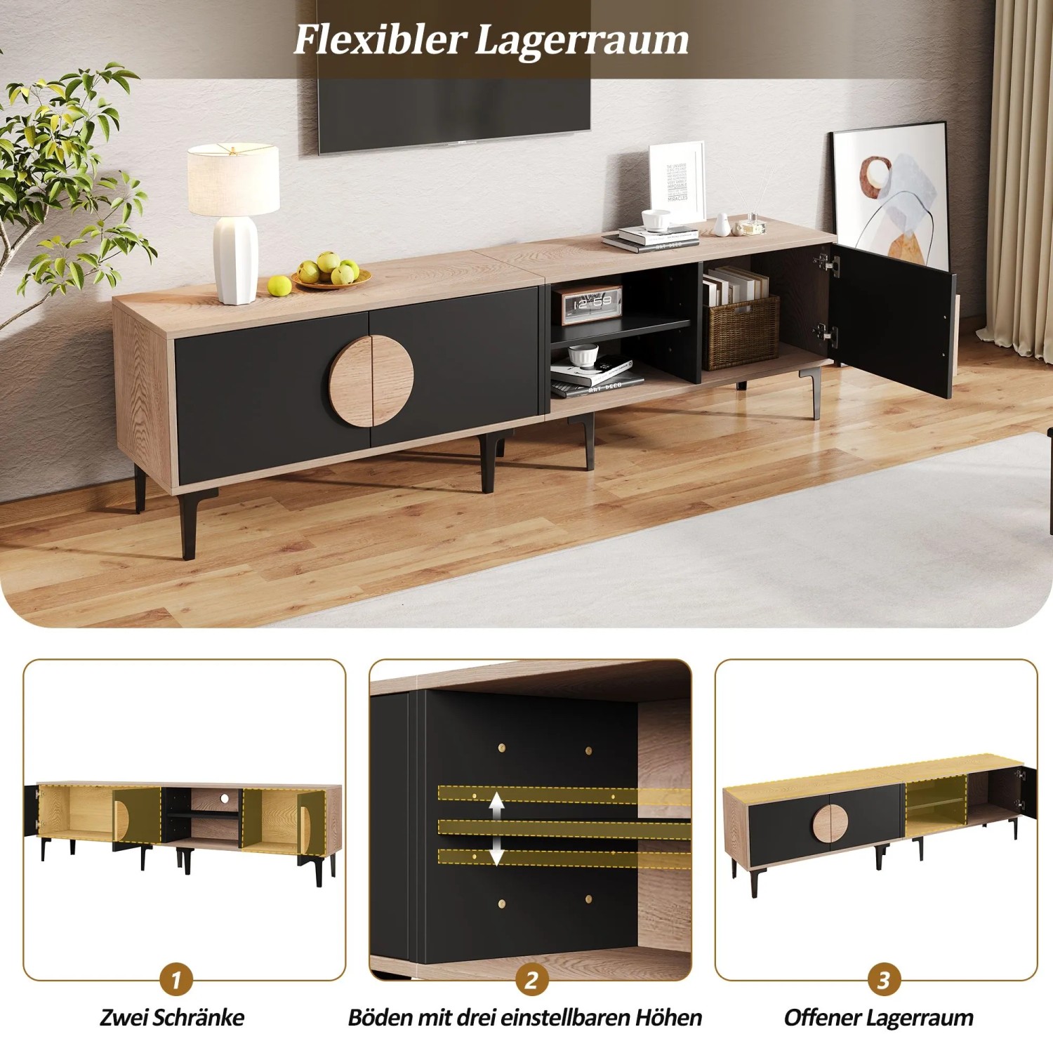 okwish TV Schrank mit Stauraum Fächern Wohnzimmer 180x35x49cm Natur_6