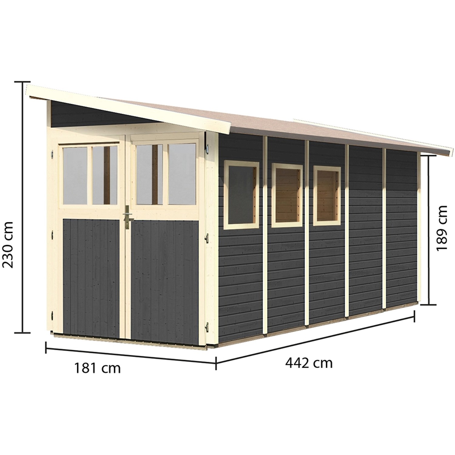 Karibu Holz-Gartenhaus Kristiansund, terragrau lackiert, 181x442 cm. Gartenhaus mit Doppeltür und Fenstern.