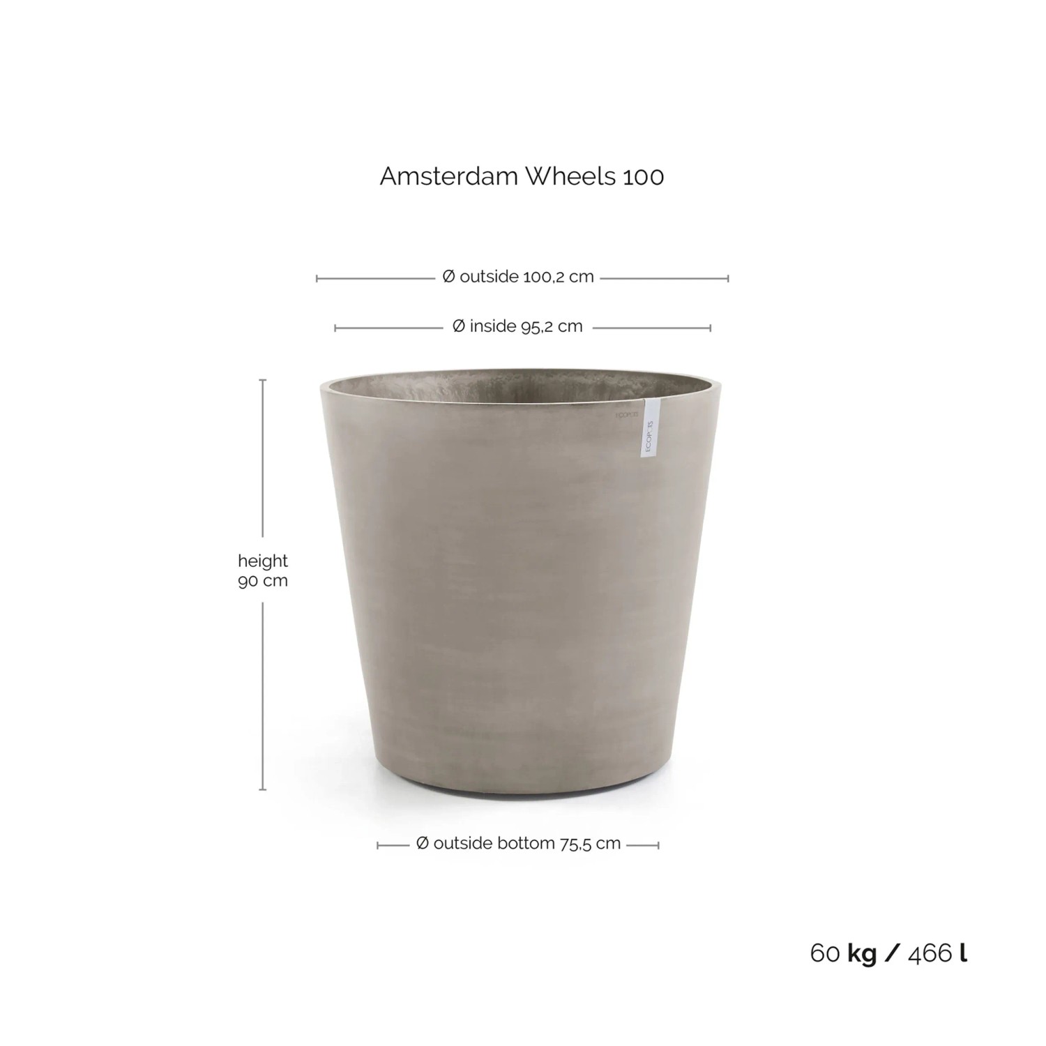 Ecopots Amsterdam Rollen Pflanztopf, Taupe, Ø 100 cm, Höhe 87,5 cm. Großer, runder Blumentopf mit Rollen.