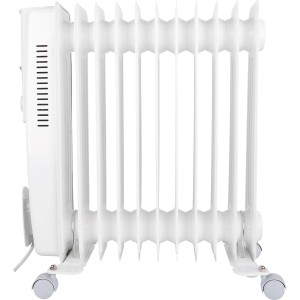 Weißer Ölradiator Grena mit 11 Rippen, 2500 W, mit Rollen, ein elektrisches Heizgerät für Innenräume.