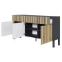 Modernes Selsey Sideboard Telire 154 cm, schwarz/Artisan Eiche Lamellenfront. 3 Türen offen, 3 Schubladen, viel Stauraum.