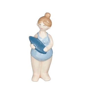 Dekorative blaue Mica Decorations Dame, 18,5 cm hoch, mit Surfbrett. Dekofigur für Wohnräume.