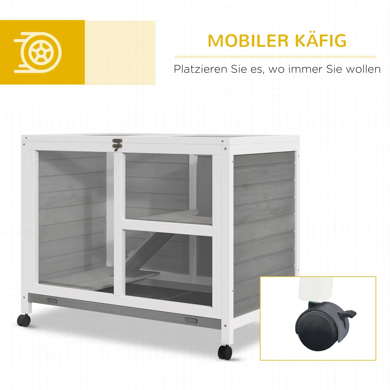 Grauer PawHut Hasenstall aus Tannenholz mit 2 Ebenen, Rampe und Rollen. Detailansicht eines Rades.