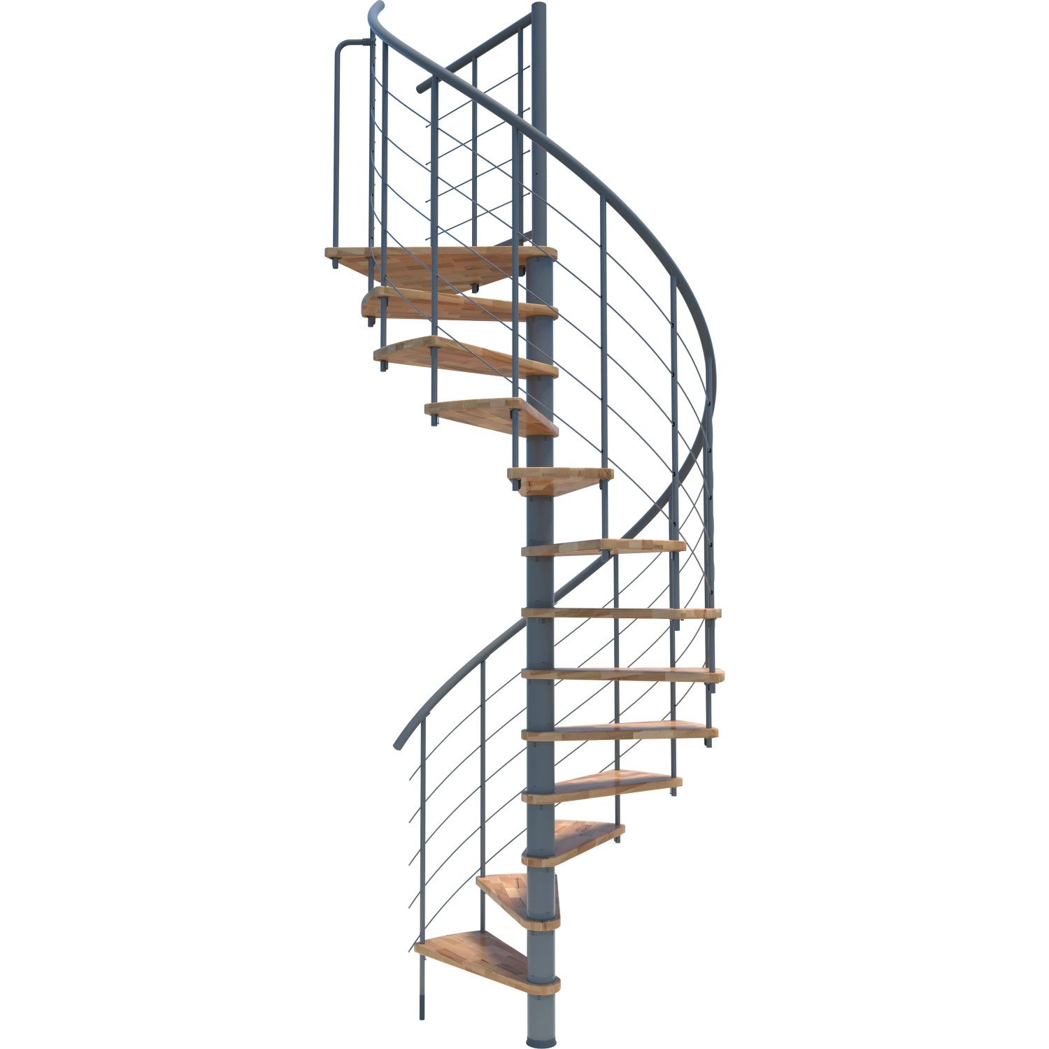 Minka Spindeltreppe Venezia Smart, Buche grau, Ø160cm, bis 305,5cm Geschosshöhe. Innentreppe mit Holzstufen.