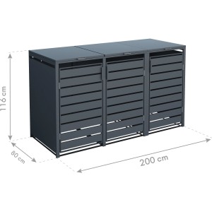 Westmann Mülltonnenbox Kubus für 3 Tonnen (240 l) aus Metall, anthrazit, mit Maßangaben.