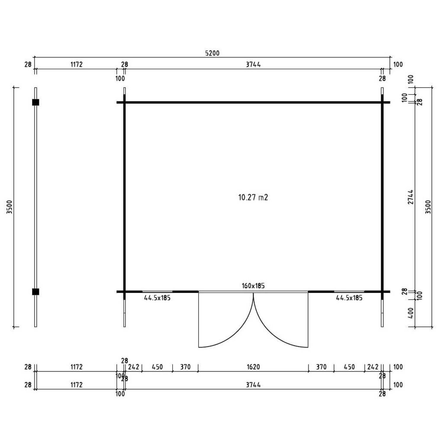Grundriss Alpholz Gartenhaus Mirko Modern D, 520x350 cm, braun, Satteldach. Abmessungen und Details.