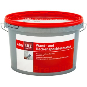 Eimer Ulz Wand- und Deckenspachtelmasse, weiß, 4 kg. Zum Spachteln und Ausbessern von Wänden und Decken.