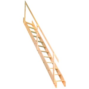 Dolle Raumspartreppe Schwerin aus Fichte mit Geländer, unbehandelt, für eine Geschosshöhe von 283,5 cm.