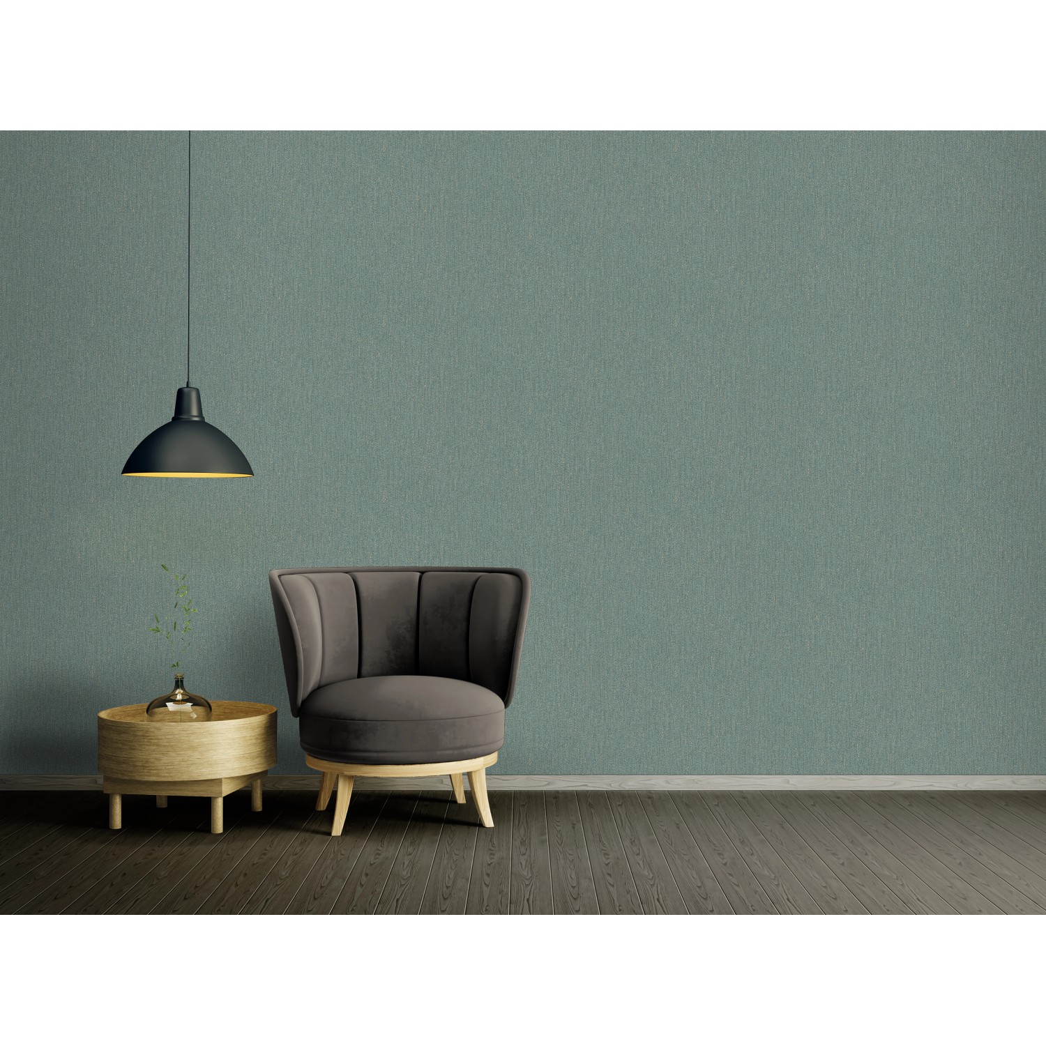 A.S. Création Vliestapete Uni Grün-Gold im Raum mit Sessel und Lampe.