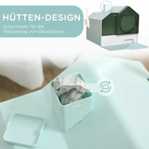 PawHut Katzentoilette im Hütten-Design, hellgrün-weiß, mit Schornstein für Geruchsfilter. Inkl. Schaufel.
