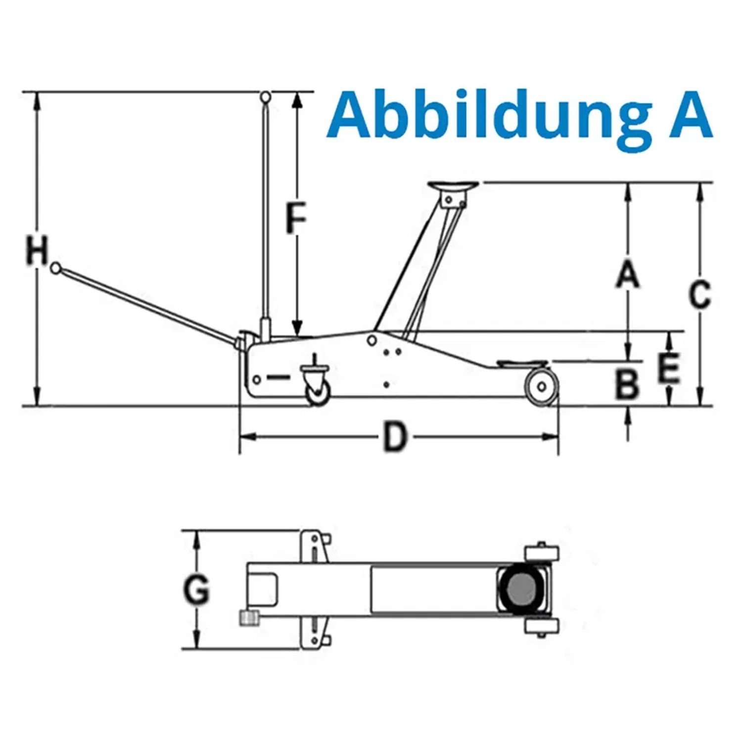 Skizze des Güde Rangierwagenhebers GRH 2/800 HD 2 t mit Maßangaben.
