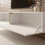 Weißes Selsey Bisira TV-Hängeboard 200 cm mit goldenem Einsatz und offenen Klapptüren, modern an der Wand montiert.